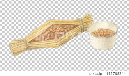 藁納豆とカップ納豆 水彩色鉛筆アナログイラスト 藁納豆とカップ納豆 水彩色鉛筆アナログイラスト 113708244