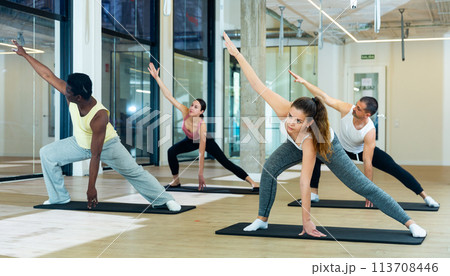 Young adults exercising during pilates class in fitness center 113708446