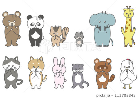 がーんのリアクションをするかわいい手書きの動物たちのイラストセット 113708845