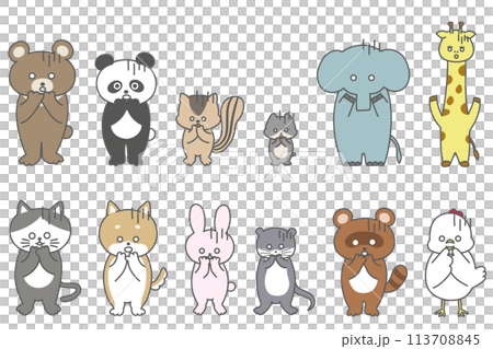 がーんのリアクションをするかわいい手書きの動物たちのイラストセット 113708845