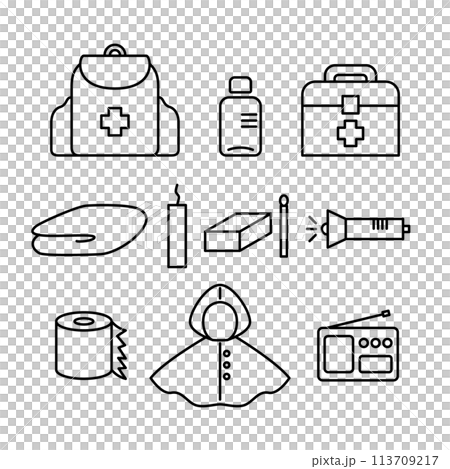 Disaster preparedness supplies line icon illustration set. Vector illustration. 113709217