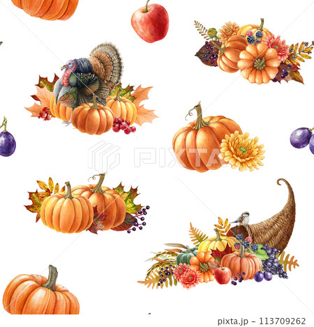 Thanksgiving decor elements seamless pattern. Watercolor illustration. Autumn floral festive decor from cornucopia, pumpkin, fallen leaves, fruit, turkey. Thanksgiving vintage style seamless pattern Thanksgiving decor elements seamless pattern. Watercolor illustration. Autumn floral festive decor from cornucopia, pumpkin, fallen leaves, fruit, turkey. Thanksgiving vintage style seamless pattern 113709262