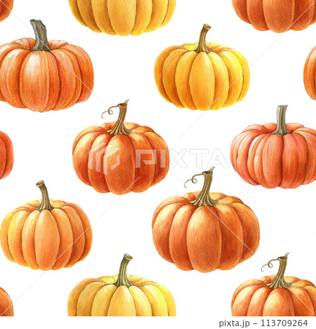 Bright orange pumpkins seamless pattern. Watercolor painted illustration. Hand drawn ripe autumn harvest season pumpkin decoration. Thanksgiving and halloween bright seamless pattern element 113709264