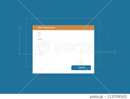 Blank email window template. New message interface mockup on blue background. Mail app UI for sending emails and creating new messages Blank email window template. New message interface mockup on blue background. Mail app UI for sending emails and creating new messages 113709503