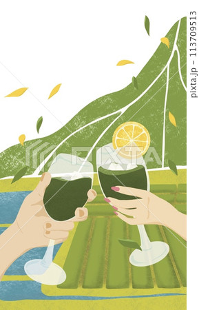 自然の中のテラスで乾杯する男女_春夏イラスト アトリエマユコ 113709513