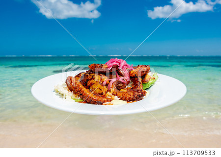 Grilled octopus plate in a caribbean beach 113709533