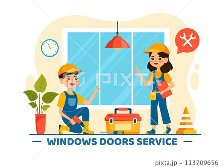 Windows and Doors Installation Service Vector Illustration with Worker for Home Repair and Renovation use Tools in Flat Kids Cartoon Background Design 113709656