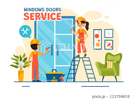 Windows and Doors Installation Service Vector Illustration with Worker for Home Repair and Renovation use Tools in Flat Kids Cartoon Background Design 113709658