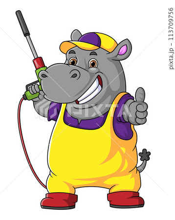 A hippo cartoon mascot for car wash holding a High Pressure washer gun Jet Spray of illustrator 113709756