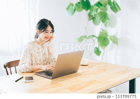 自宅でパソコンを使う女性 113709775