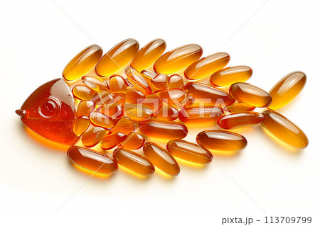 Fish oil capsules with omega 3 isolated on white background. 113709799