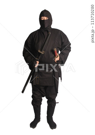 Asian Man Wearing Ninja Martial Arts Uniform 113710280