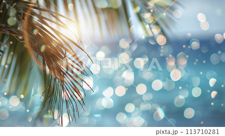 椰子の葉と光り輝く青い背景　AI画像 113710281