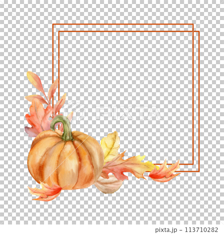 Orange pumpkin with autumn colorful leaves square frame. Cozy fall floral banner for invitation, greeting card, label design. Harvest season decor 113710282