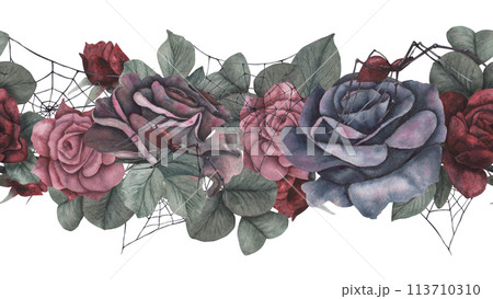 Seamless garland black spider with cobweb and dark roses flowers and leaves isolated on white background. Watercolor hand draw dark fantasy illustration. Art design mystical Halloween witch decoration Seamless garland black spider with cobweb and dark roses flowers and leaves isolated on white background. Watercolor hand draw dark fantasy illustration. Art design mystical Halloween witch decoration 113710310