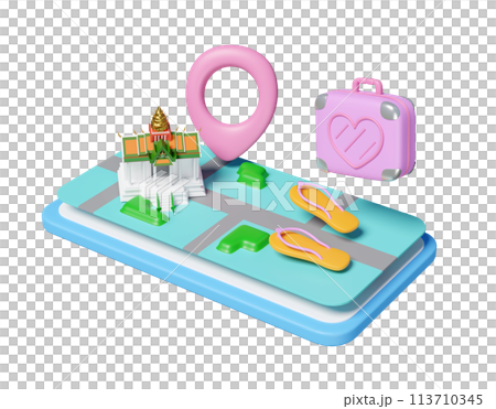 3d mobile phone or smartphone with map, sandals, luggage, measure isolated. map earth travel concept, 3d render illustration 113710345
