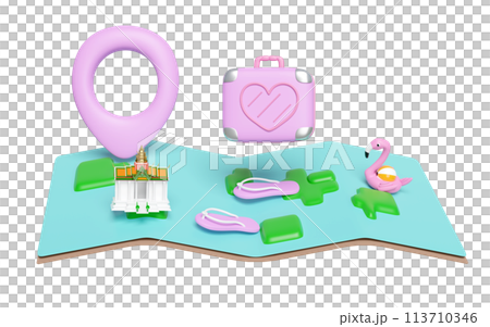 3d map with sandals, luggage, measure, flamingo, pin isolated. map earth travel concept, 3d render illustration 113710346