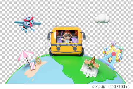 Tourist buses run around the world with boy, plane, luggage, guitar, measure, ferris wheel, island isolated. travel around the world concept, 3d render illustration Tourist buses run around the world with boy, plane, luggage, guitar, measure, ferris wheel, island isolated. travel around the world concept, 3d render illustration 113710350