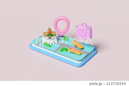 3d mobile phone or smartphone with map, sandals, luggage, measure isolated on pink background. map earth travel concept, 3d render illustration 3d mobile phone or smartphone with map, sandals, luggage, measure isolated on pink background. map earth travel concept, 3d render illustration 113710354