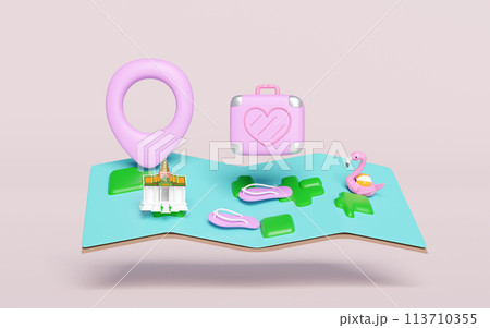 3d map with sandals, luggage, measure, flamingo, pin isolated on pink background. map earth travel concept, 3d render illustration 3d map with sandals, luggage, measure, flamingo, pin isolated on pink background. map earth travel concept, 3d render illustration 113710355