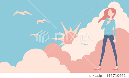 青空を背景にして胸に手を当てた女性のイラスト 113710461