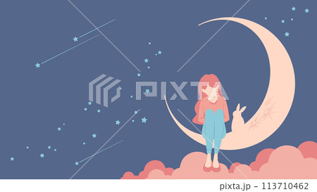 夜空の月に座る女の子とウサギのイラスト 113710462