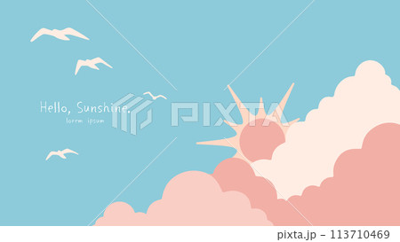 雲の後ろから覗く太陽と鳥が飛ぶ青空の背景イラスト 113710469