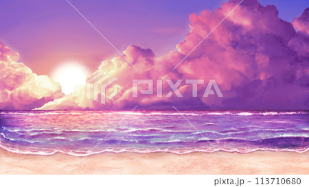 海と砂浜と入道雲と夕日のイラスト素材 [113710680] - PIXTA