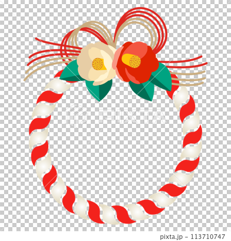 Color illustration of a red and white camellia shimenawa decoration 113710747