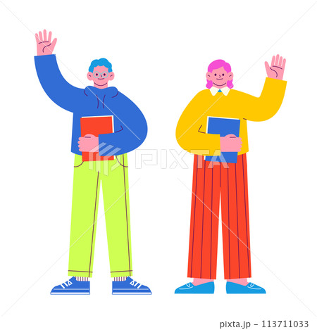 ファイルを抱えたメガネの男性と女性が手をあげて挨拶しているイラスト 白い背景に分離されたフラットなR ファイルを抱えたメガネの男性と女性が手をあげて挨拶しているイラスト 白い背景に分離されたフラットなR 113711033