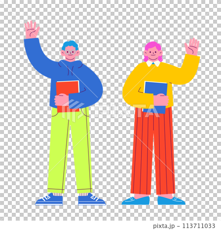 ファイルを抱えたメガネの男性と女性が手をあげて挨拶しているイラスト 白い背景に分離されたフラットなR ファイルを抱えたメガネの男性と女性が手をあげて挨拶しているイラスト 白い背景に分離されたフラットなR 113711033