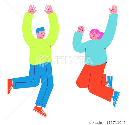 嬉しくてジャンプする男女2人のイラスト　白い背景に分離されたフラットなRGBのベクター素材 113711045