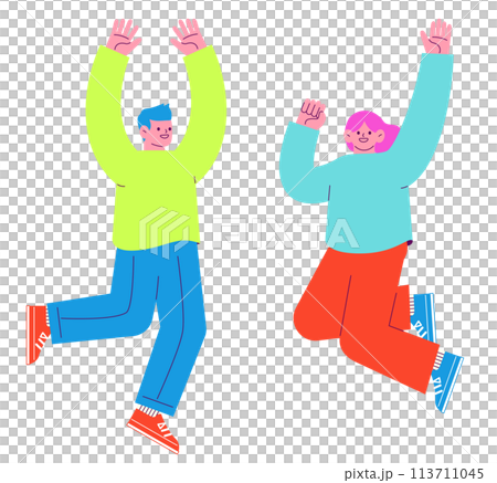 嬉しくてジャンプする男女2人のイラスト　白い背景に分離されたフラットなRGBのベクター素材 113711045
