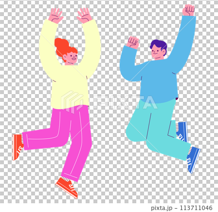 Illustration of two men and women jumping with joy. Flat RGB vector material isolated on white background Illustration of two men and women jumping with joy. Flat RGB vector material isolated on white background 113711046