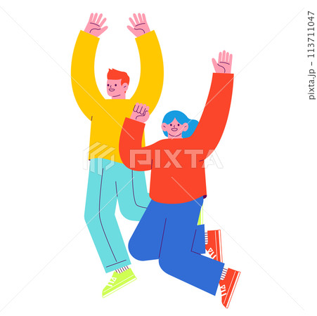 嬉しくてジャンプする男女2人のイラスト 白い背景に分離されたフラットなRGBのベクター素材 嬉しくてジャンプする男女2人のイラスト 白い背景に分離されたフラットなRGBのベクター素材 113711047