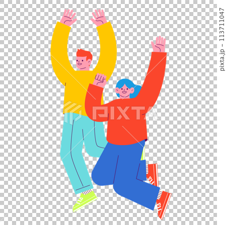 兩個男人和女人高興地跳躍的插圖在白色背景上被隔離。 113711047