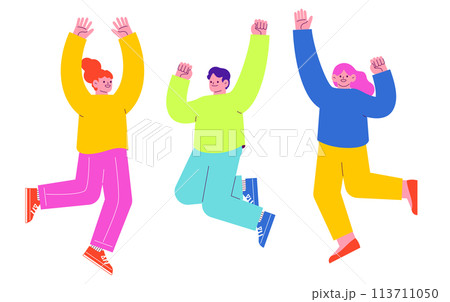 嬉しくてジャンプする男女3人のイラスト　白い背景に分離されたフラットなRGBのベクター素材 113711050