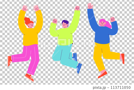 嬉しくてジャンプする男女3人のイラスト　白い背景に分離されたフラットなRGBのベクター素材 113711050