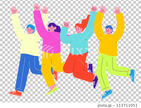 四個男人和女人高興地跳躍的插圖在白色背景下被隔離。 四個男人和女人高興地跳躍的插圖在白色背景下被隔離。 113711051