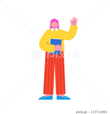 ファイルを抱えた女性が手をあげて挨拶しているイラスト　白い背景に分離されたフラットなRGBのベクター 113711061