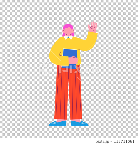 ファイルを抱えた女性が手をあげて挨拶しているイラスト　白い背景に分離されたフラットなRGBのベクター 113711061