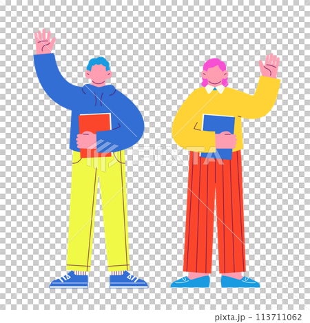 Illustration of a man and woman wearing glasses holding a file raising their hands in greeting Flat R isolated on white background Illustration of a man and woman wearing glasses holding a file raising their hands in greeting Flat R isolated on white background 113711062