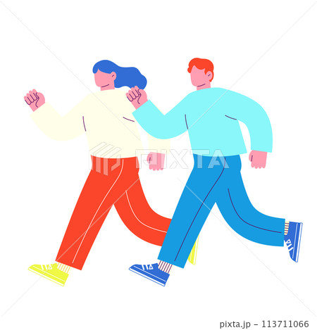 笑顔でランニングする男女2人のイラスト　白い背景に分離されたフラットなRGBのベクター素材 113711066
