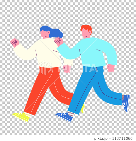 Illustration of two men and women running with smiles. Flat RGB vector material isolated on white background Illustration of two men and women running with smiles. Flat RGB vector material isolated on white background 113711066