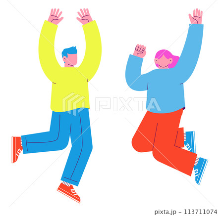 嬉しくてジャンプする男女2人のイラスト　白い背景に分離されたフラットなRGBのベクター素材 113711074