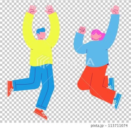 兩個男人和女人高興地跳躍的插圖在白色背景上被隔離。 兩個男人和女人高興地跳躍的插圖在白色背景上被隔離。 113711074