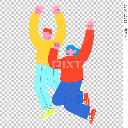 嬉しくてジャンプする男女2人のイラスト　白い背景に分離されたフラットなRGBのベクター素材 113711077