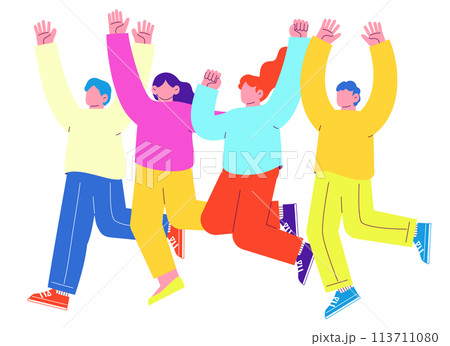 嬉しくてジャンプする男女4人のイラスト　白い背景に分離されたフラットなRGBのベクター素材 113711080
