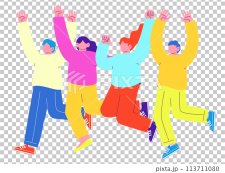 四個男人和女人高興地跳躍的插圖在白色背景下被隔離。 四個男人和女人高興地跳躍的插圖在白色背景下被隔離。 113711080