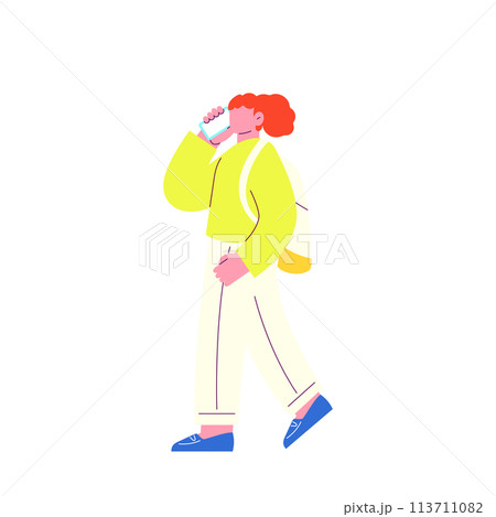 スマホで通話をしながら歩く女性のイラスト　白い背景に分離されたフラットなRGBのベクター 113711082